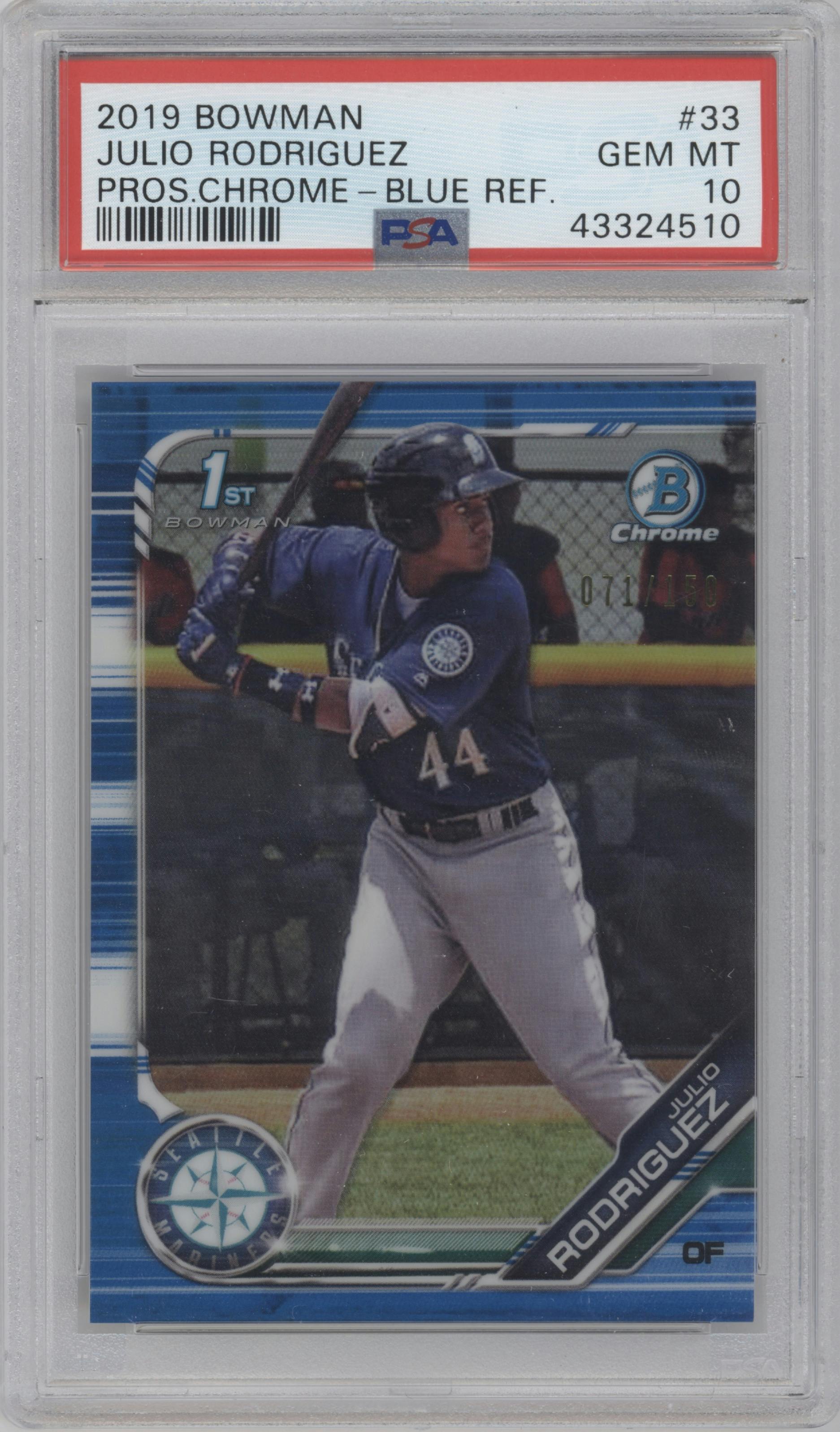 Julio Rodriguez from the 2019 Bowman  set featuring a Blue Refractor parallel graded by PSA and given an overall grade of 10.