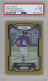 Jordan Addison from the 2023 Panini Prizm set featuring a Gold Prizm parallel graded by PSA and given an overall grade of 10.