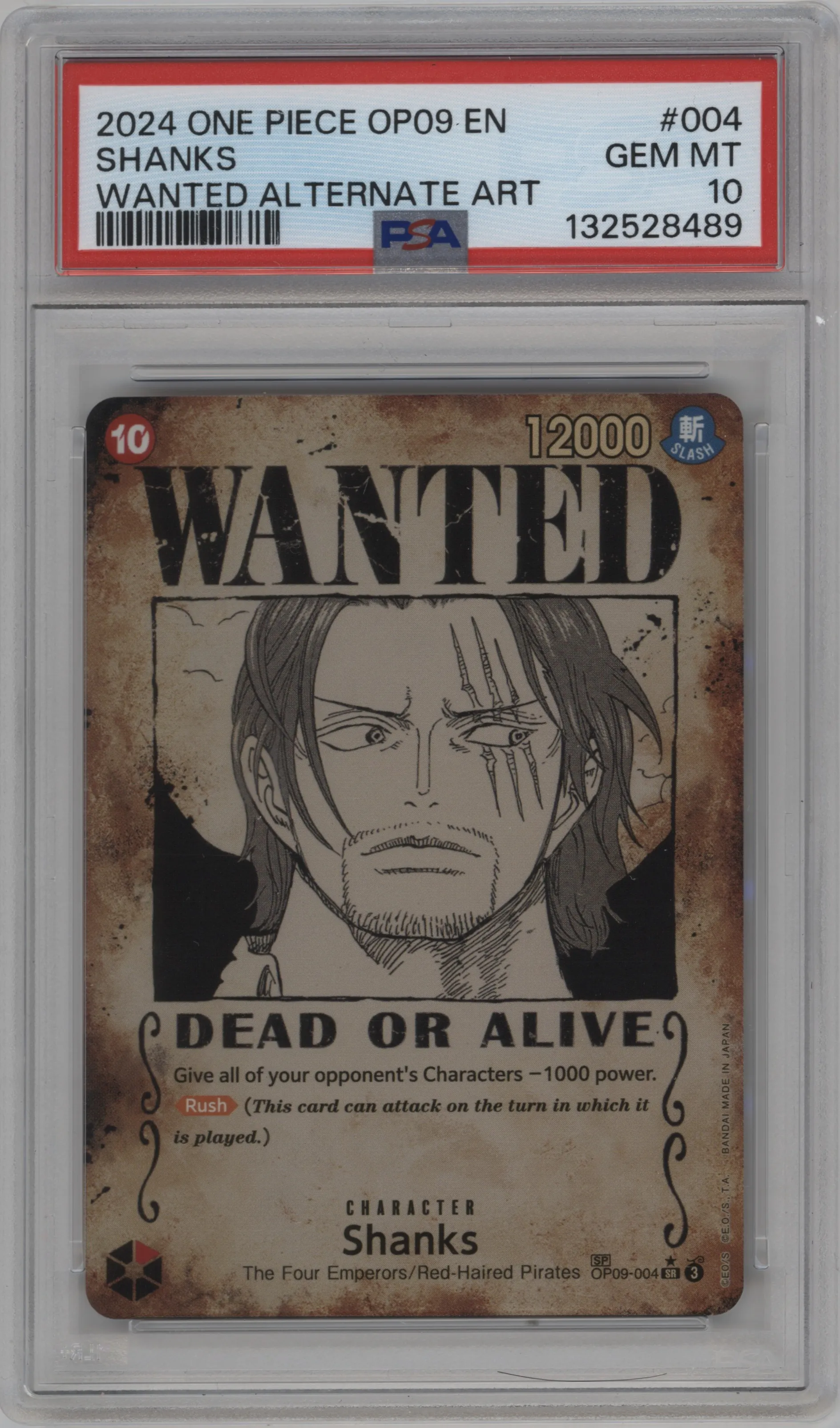 2024 One Piece Emperors in the New World Shanks Wanted Poster Alternate Art OP09-004 SR #SP OP09-004 SR PSA 10
