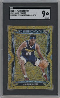 Jalen Pickett from the 2023-24 Panini Obsidian set featuring a Electric Etch Gold Flood parallel graded by SGC and given an overall grade of 9.