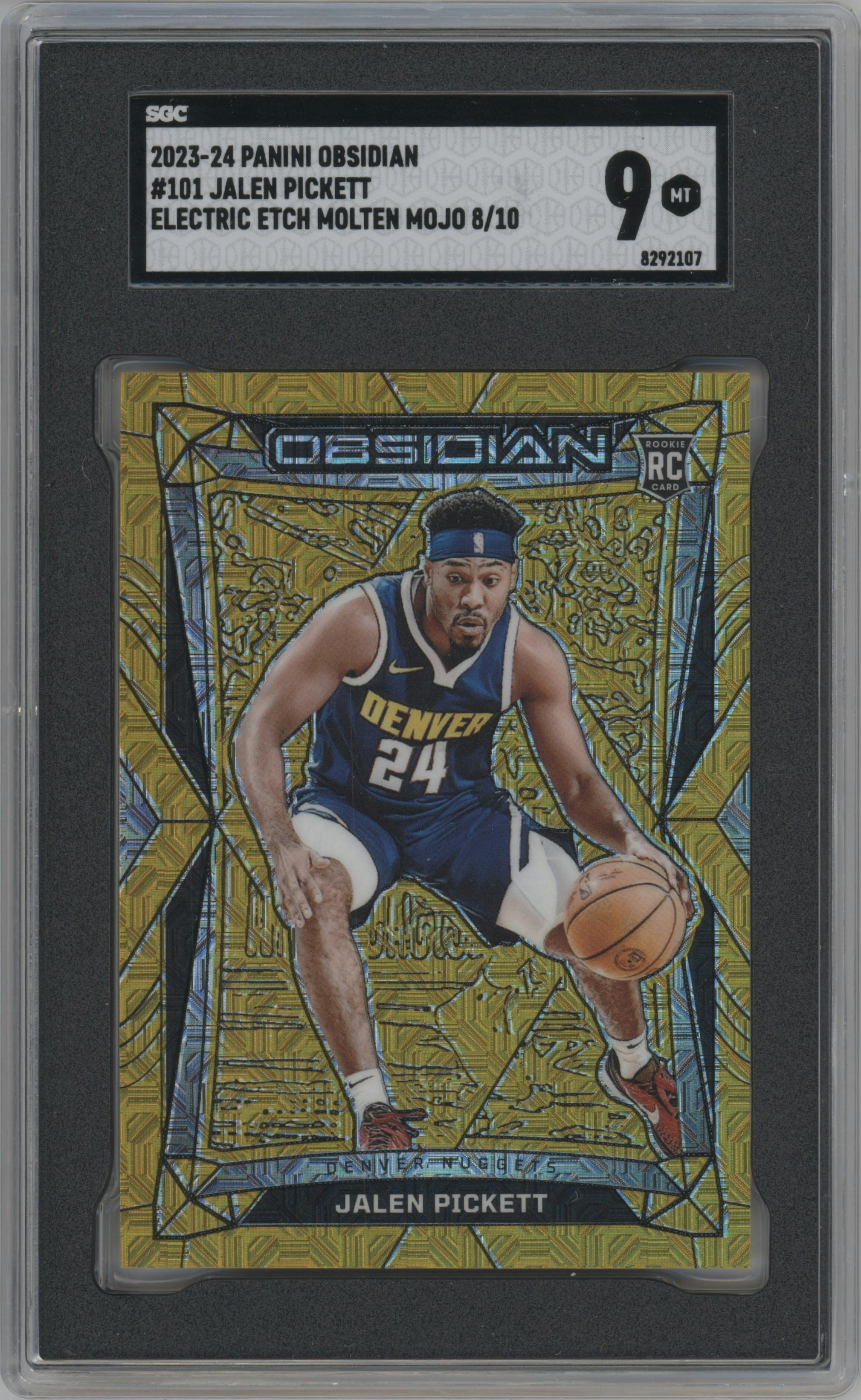 Jalen Pickett from the 2023-24 Panini Obsidian set featuring a Electric Etch Gold Flood parallel graded by SGC and given an overall grade of 9.