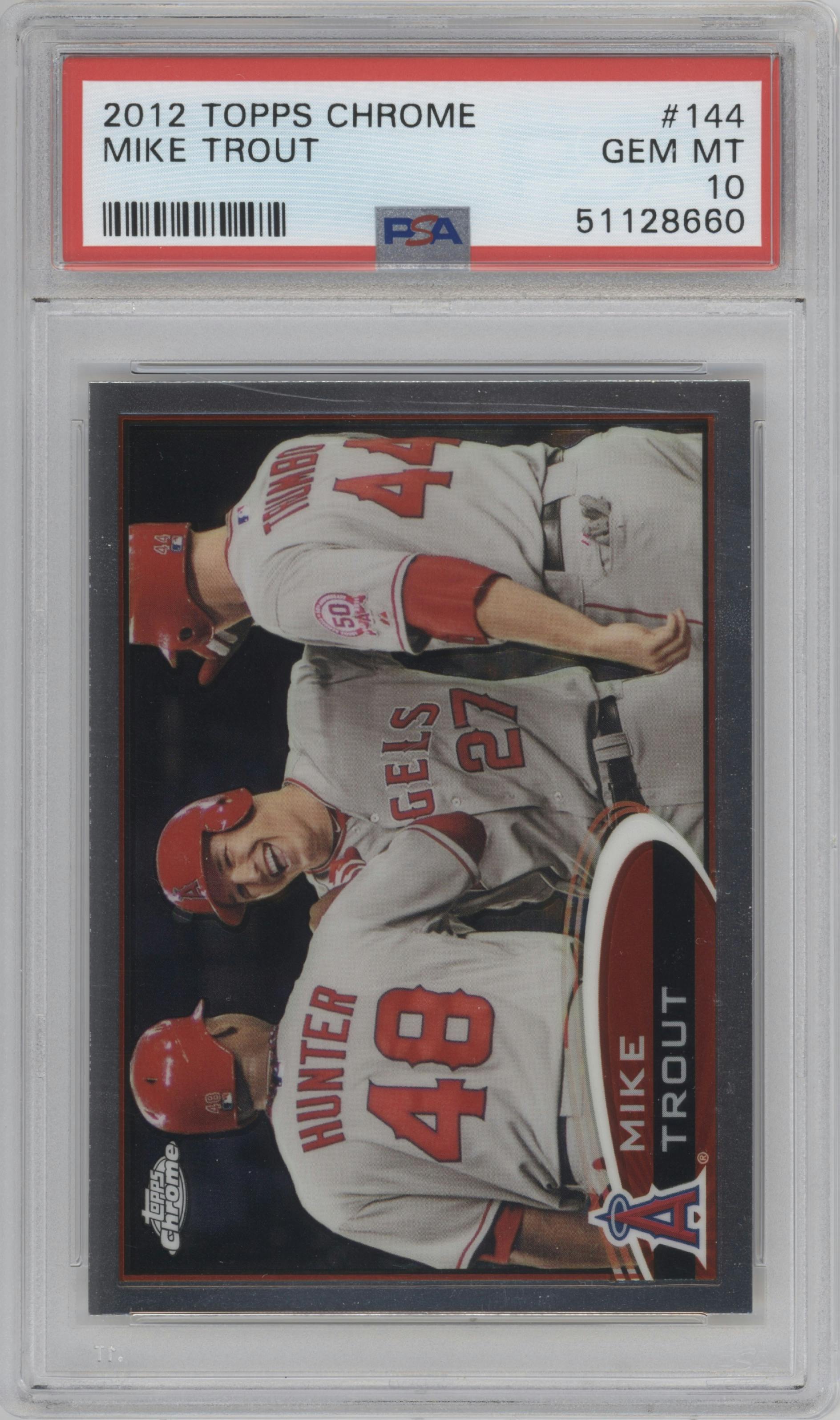 Mike Trout from the 2012 Topps Chrome set graded by PSA and given an overall grade of 10.