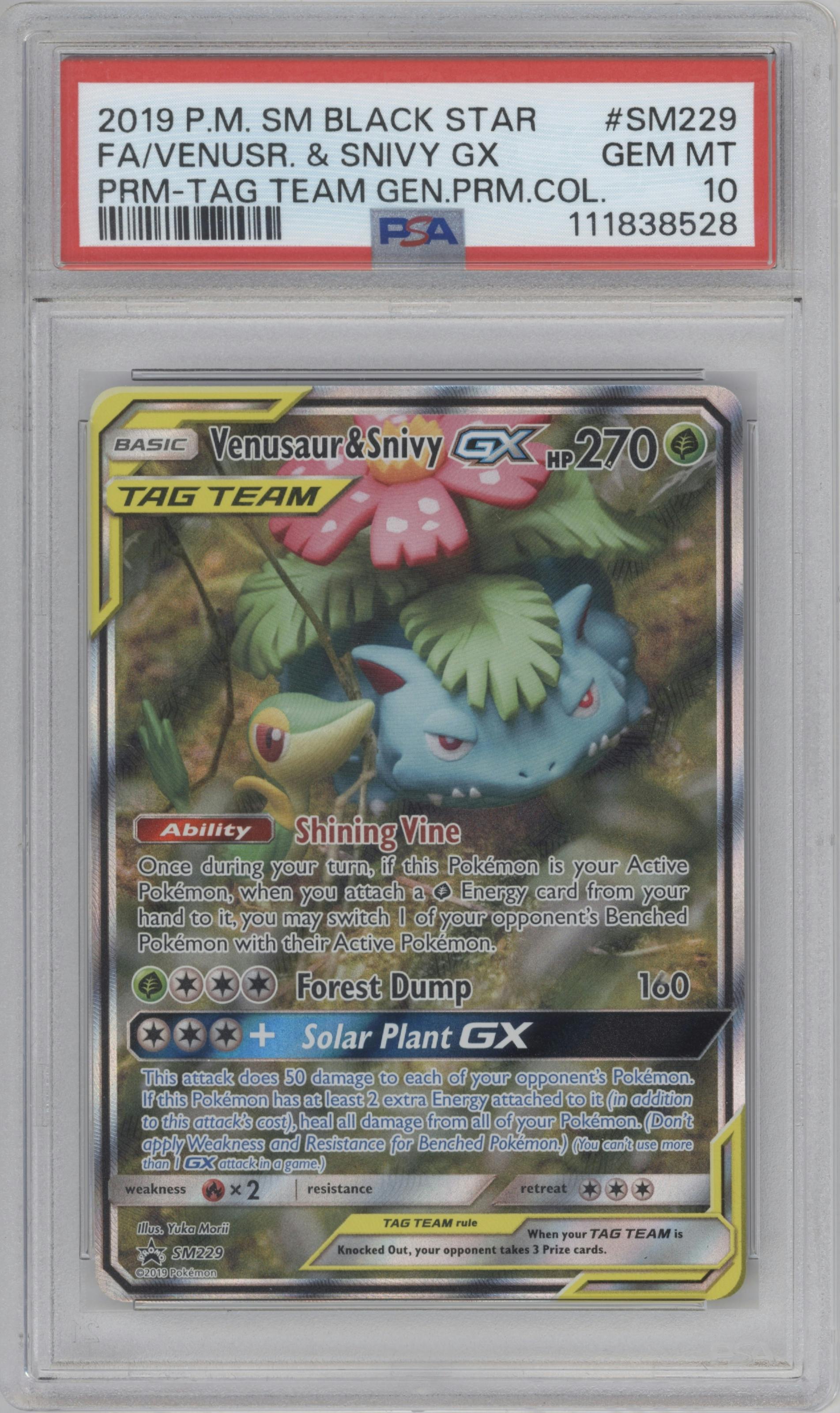 Venusaur/Snivy GX from the 2019 Pokemon S&M  set featuring a Tag Team Generations Premium Collection parallel graded by PSA and given an overall grade of 10.
