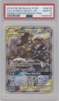 Lucario & Melmetal GX from the 2019 Pokemon S&M  set featuring a Power Partnership Tins parallel graded by PSA and given an overall grade of 10.