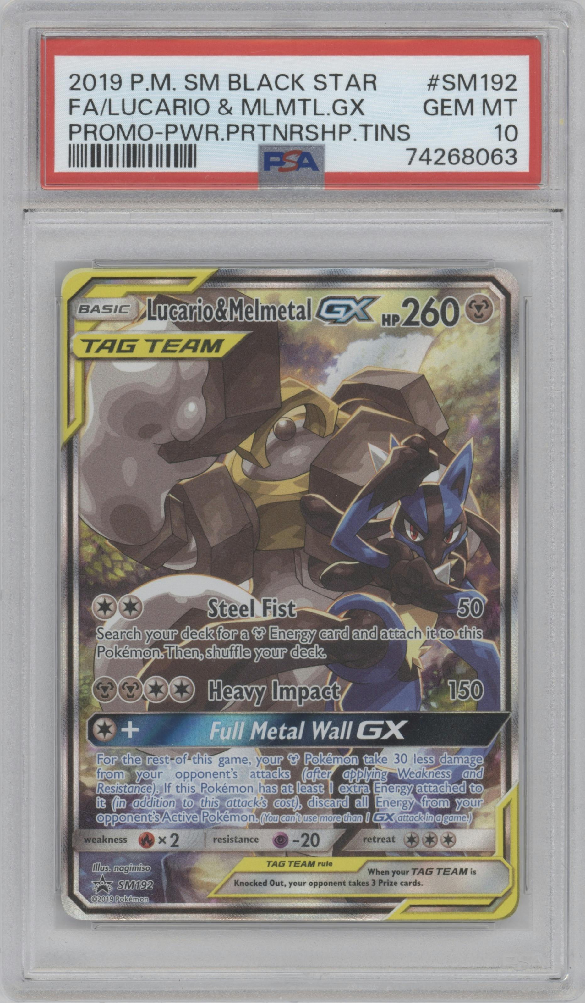 Lucario & Melmetal GX from the 2019 Pokemon S&M  set featuring a Power Partnership Tins parallel graded by PSA and given an overall grade of 10.