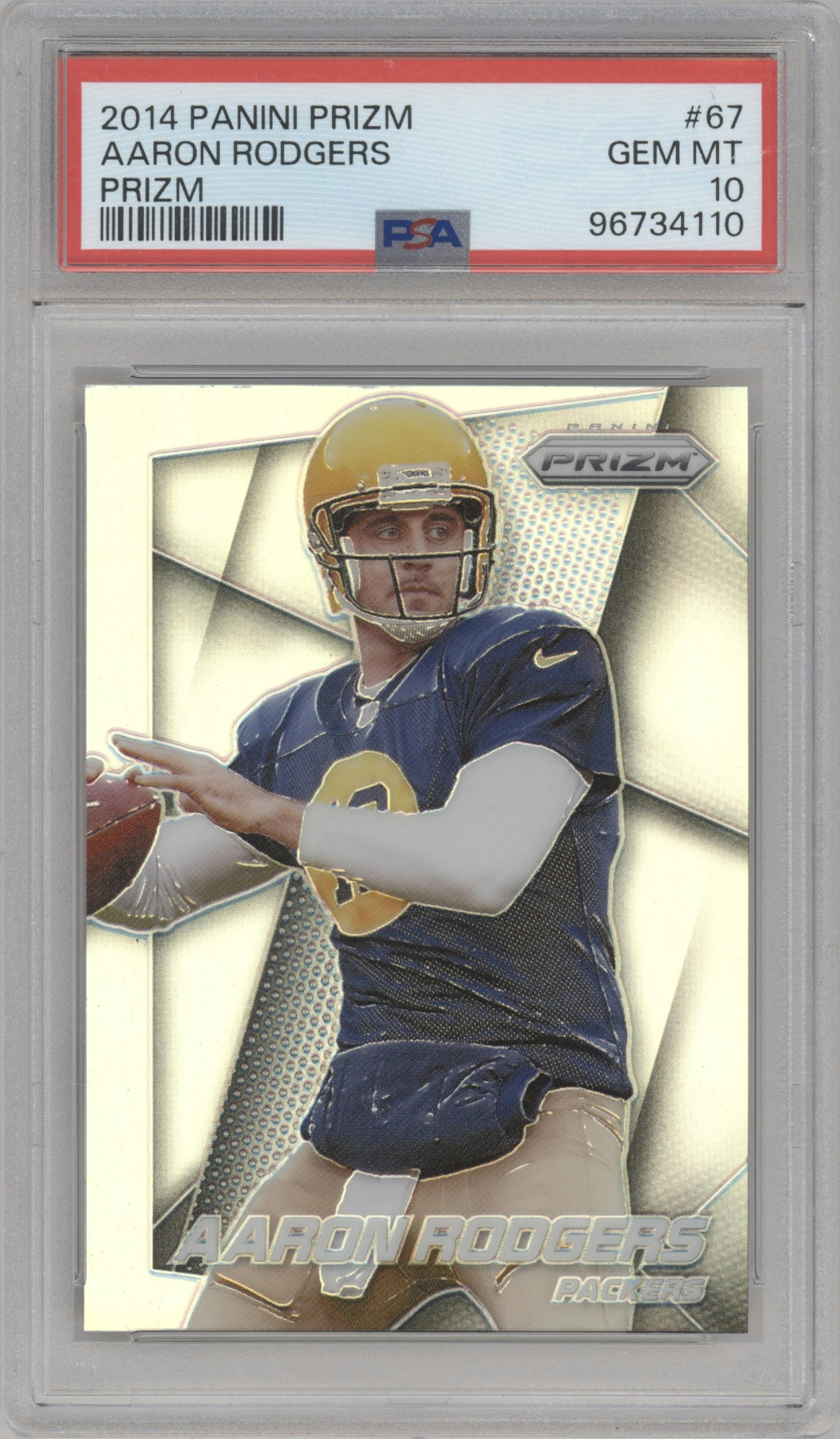 Aaron Rodgers from the 2014 Panini Prizm set featuring a Prizm parallel graded by PSA and given an overall grade of 10.