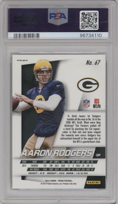 Aaron Rodgers from the 2014 Panini Prizm set featuring a Prizm parallel graded by PSA and given an overall grade of 10.