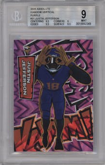 Justin Jefferson  from the 2025 Panini Absolute set featuring a Purple parallel graded by Beckett and given an overall grade of 9.
