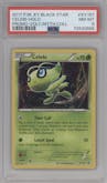 Celebi from the 2017 Pokemon XY set featuring a Volcanion Mythic Collection parallel graded by PSA and given an overall grade of 8.
