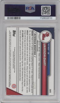 Jaxson Dart from the 2023 Bowman Chrome University set featuring a Orange Refractor parallel graded by PSA and given an overall grade of 10.
