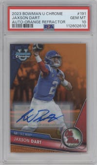 Jaxson Dart from the 2023 Bowman Chrome University set featuring a Orange Refractor parallel graded by PSA and given an overall grade of 10.