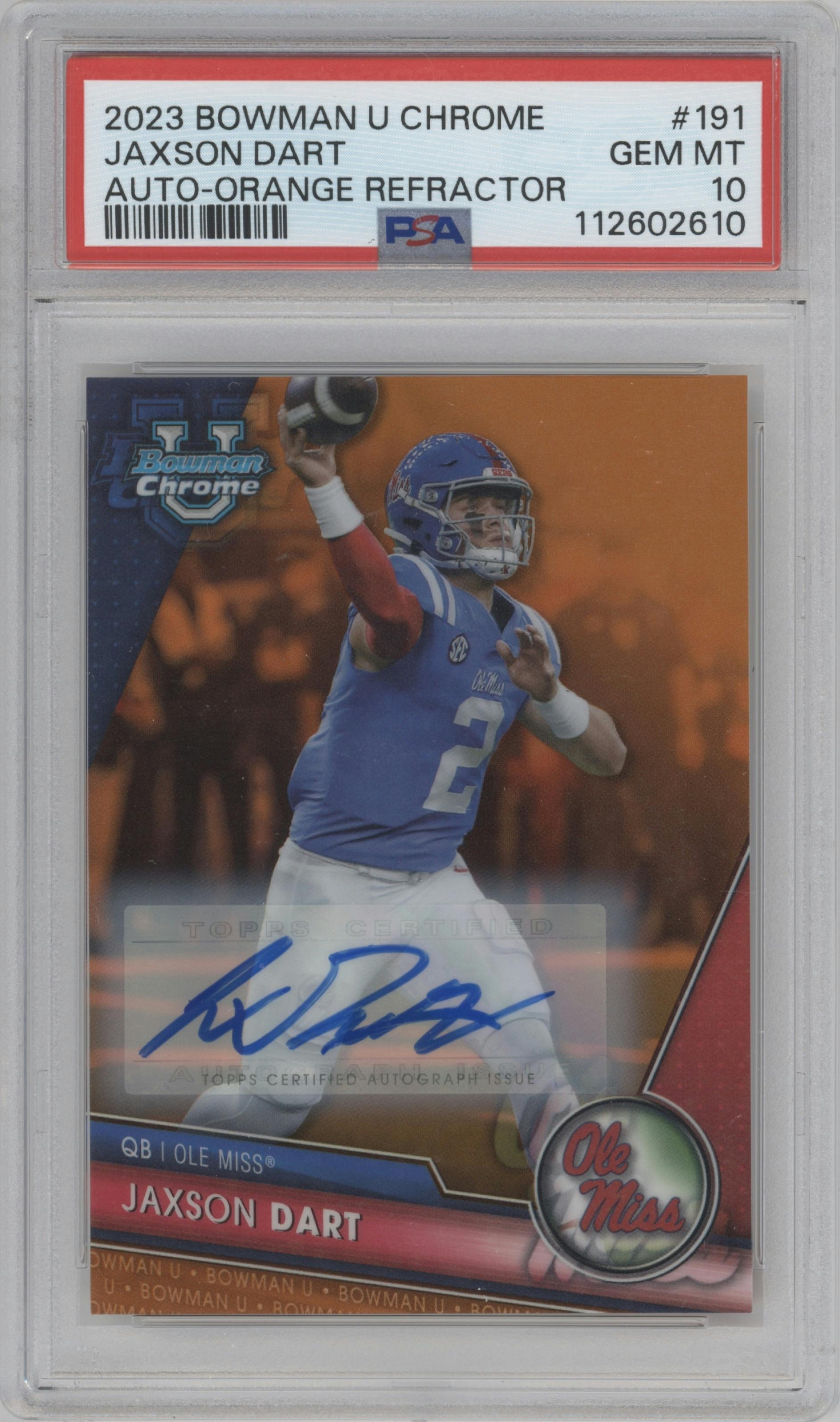 Jaxson Dart from the 2023 Bowman Chrome University set featuring a Orange Refractor parallel graded by PSA and given an overall grade of 10.
