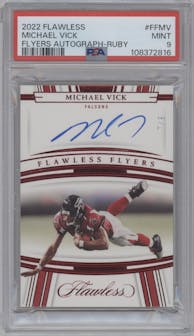 Michael Vick from the 2022 Panini Flawless set featuring a Ruby parallel graded by PSA and given an overall grade of 9.