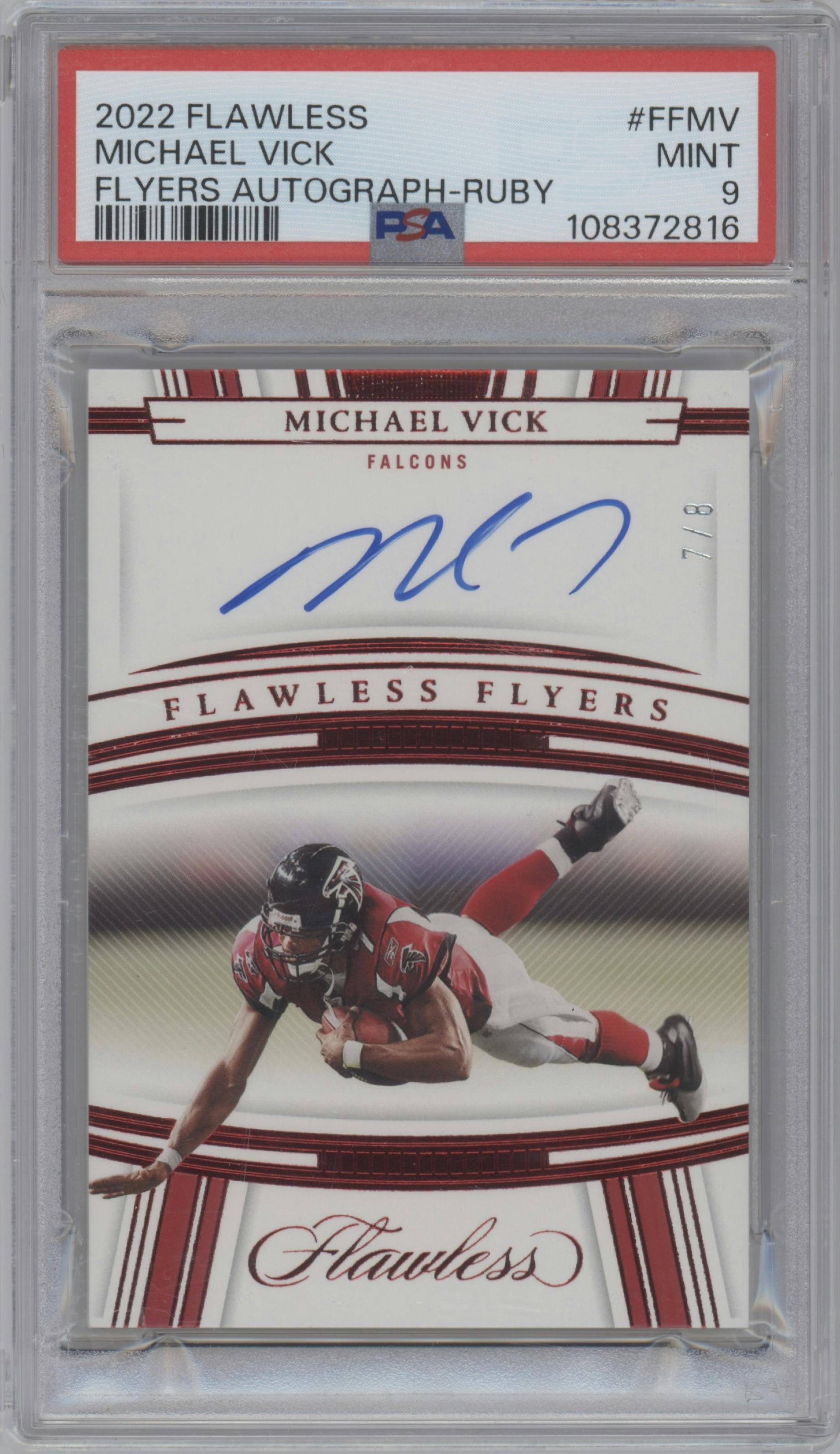 Michael Vick from the 2022 Panini Flawless set featuring a Ruby parallel graded by PSA and given an overall grade of 9.