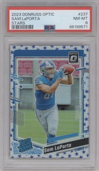 Sam LaPorta from the 2023 Donruss Optic set featuring a Stars parallel graded by PSA and given an overall grade of 8.