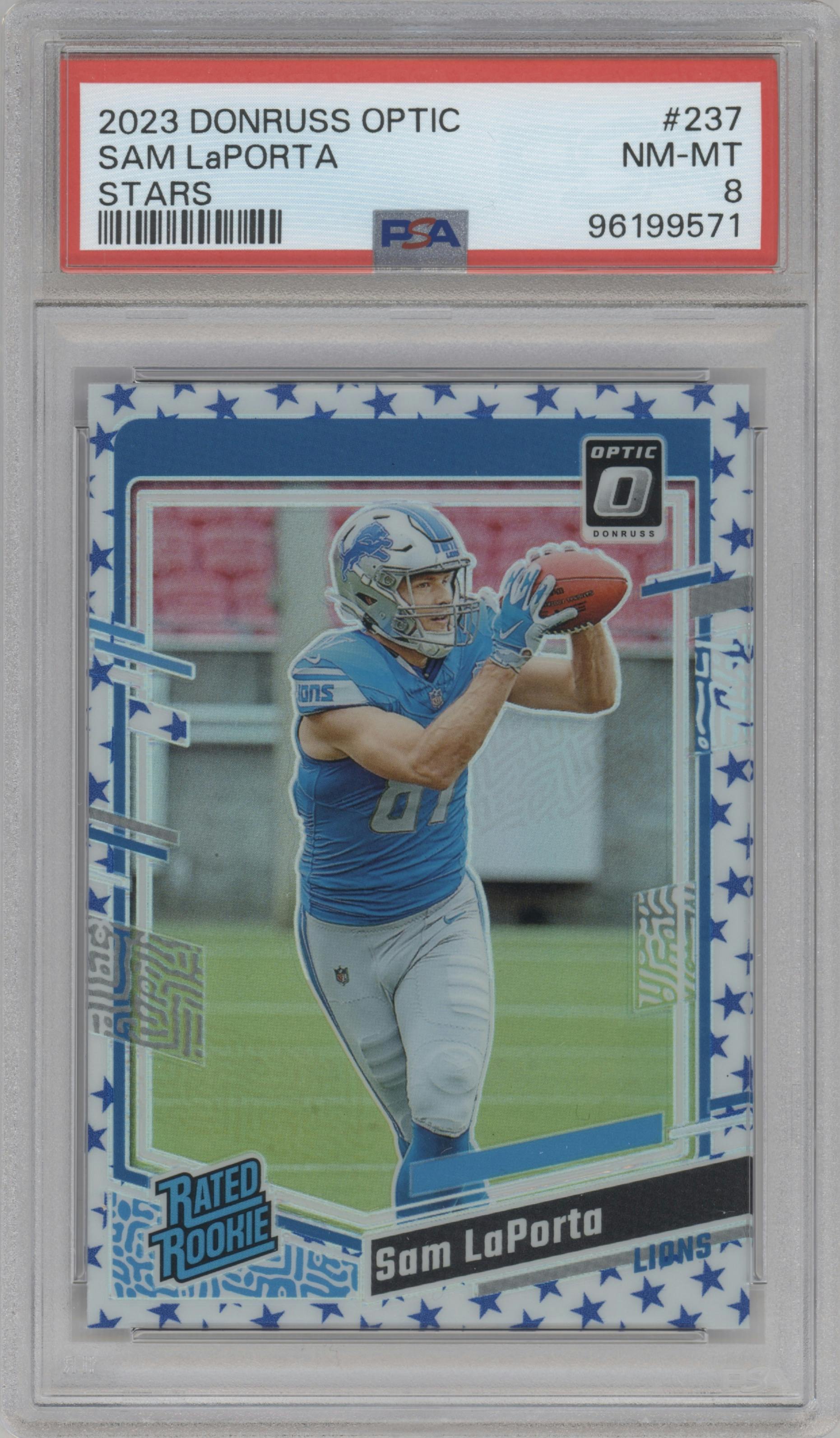 Sam LaPorta from the 2023 Donruss Optic set featuring a Stars parallel graded by PSA and given an overall grade of 8.