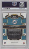 De'Von Achane from the 2023 Panini Select set featuring a Gold Prizm parallel graded by PSA and given an overall grade of 9.