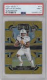 De'Von Achane from the 2023 Panini Select set featuring a Gold Prizm parallel graded by PSA and given an overall grade of 9.