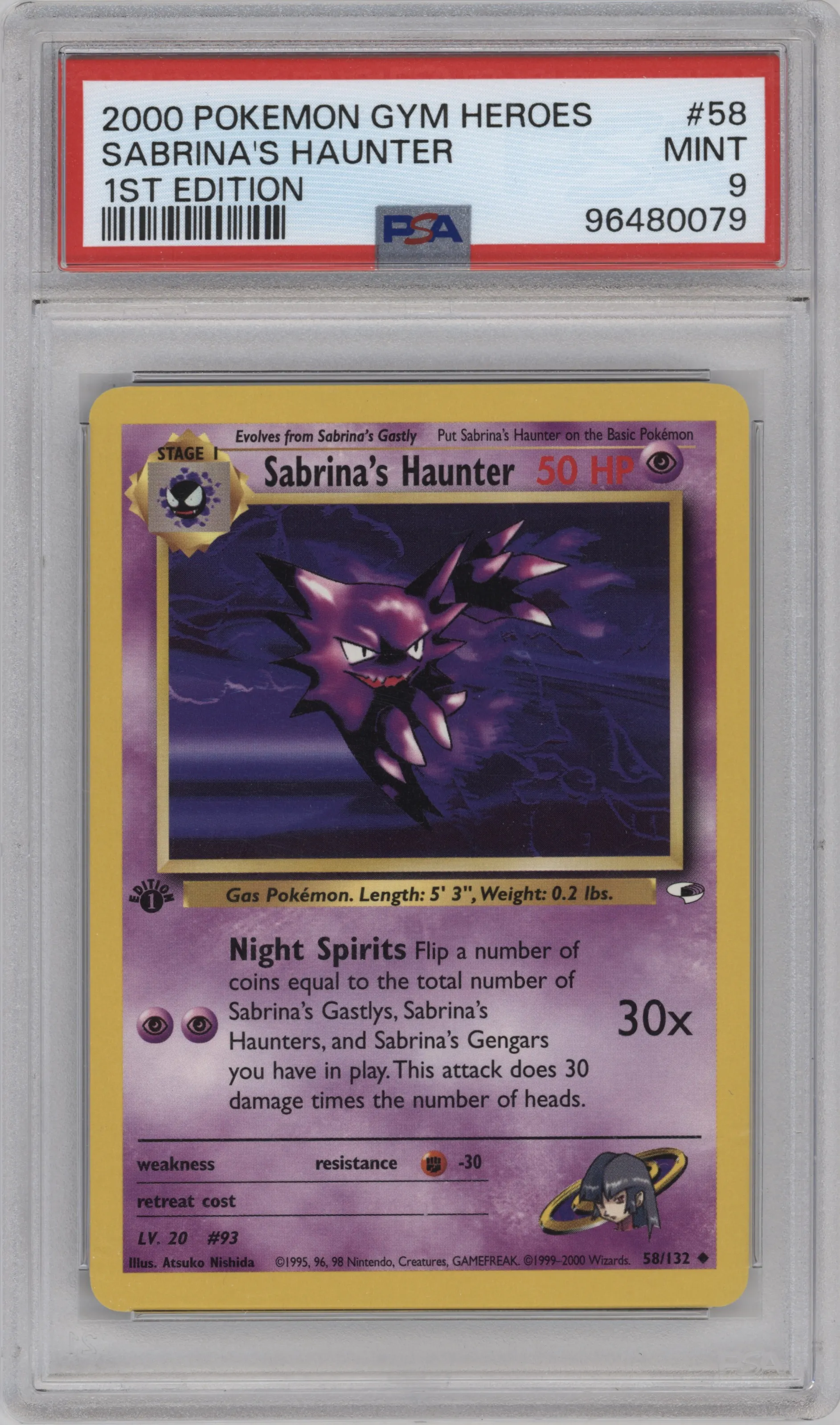 2000 Pokemon GH Gym Heroes Sabrina's Haunter #58 PSA 9