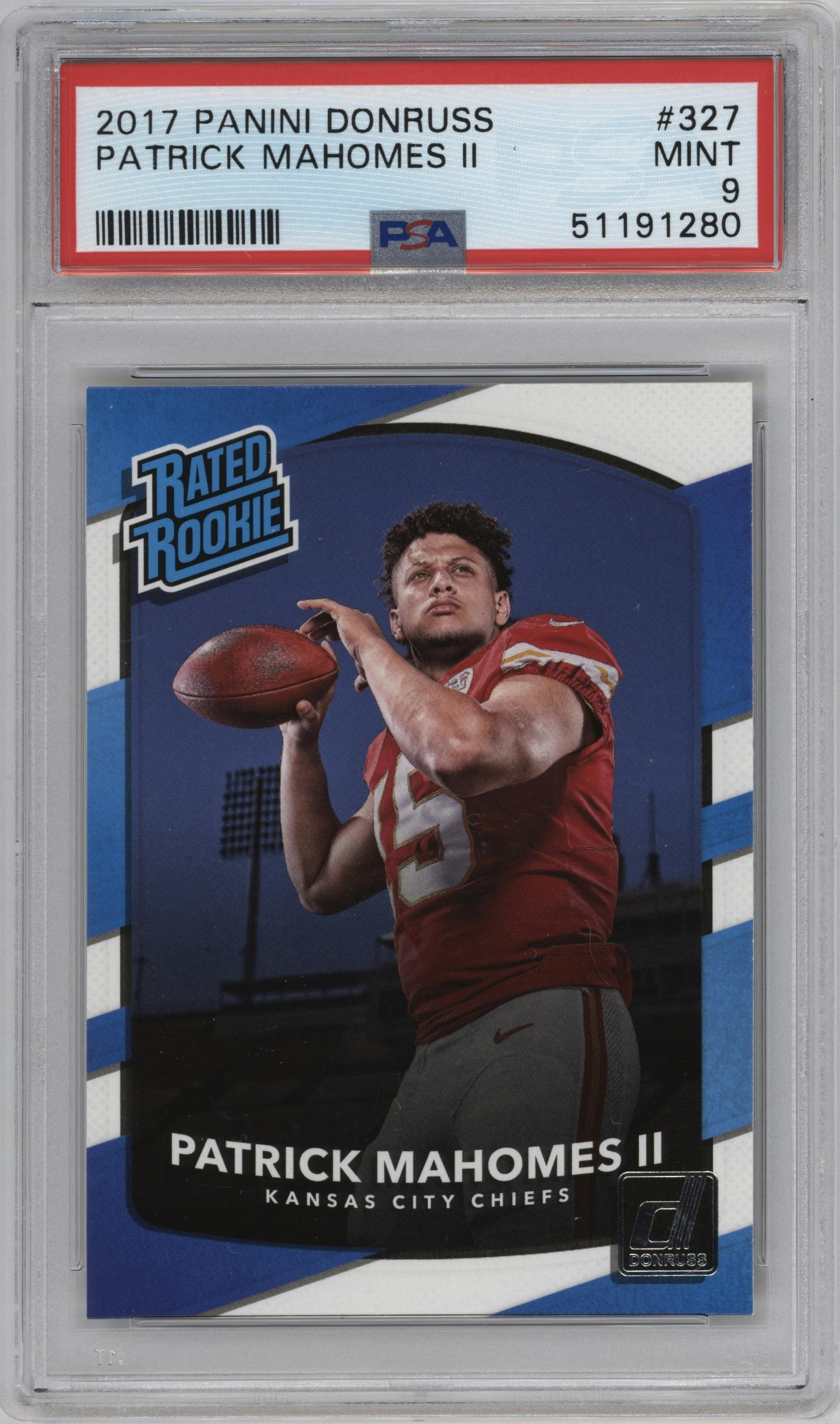 Patrick Mahomes II from the 2017 Panini Donruss set graded by PSA and given an overall grade of 9.