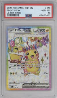 Pikachu ex from the 2024 Pokemon SV set graded by PSA and given an overall grade of 10.