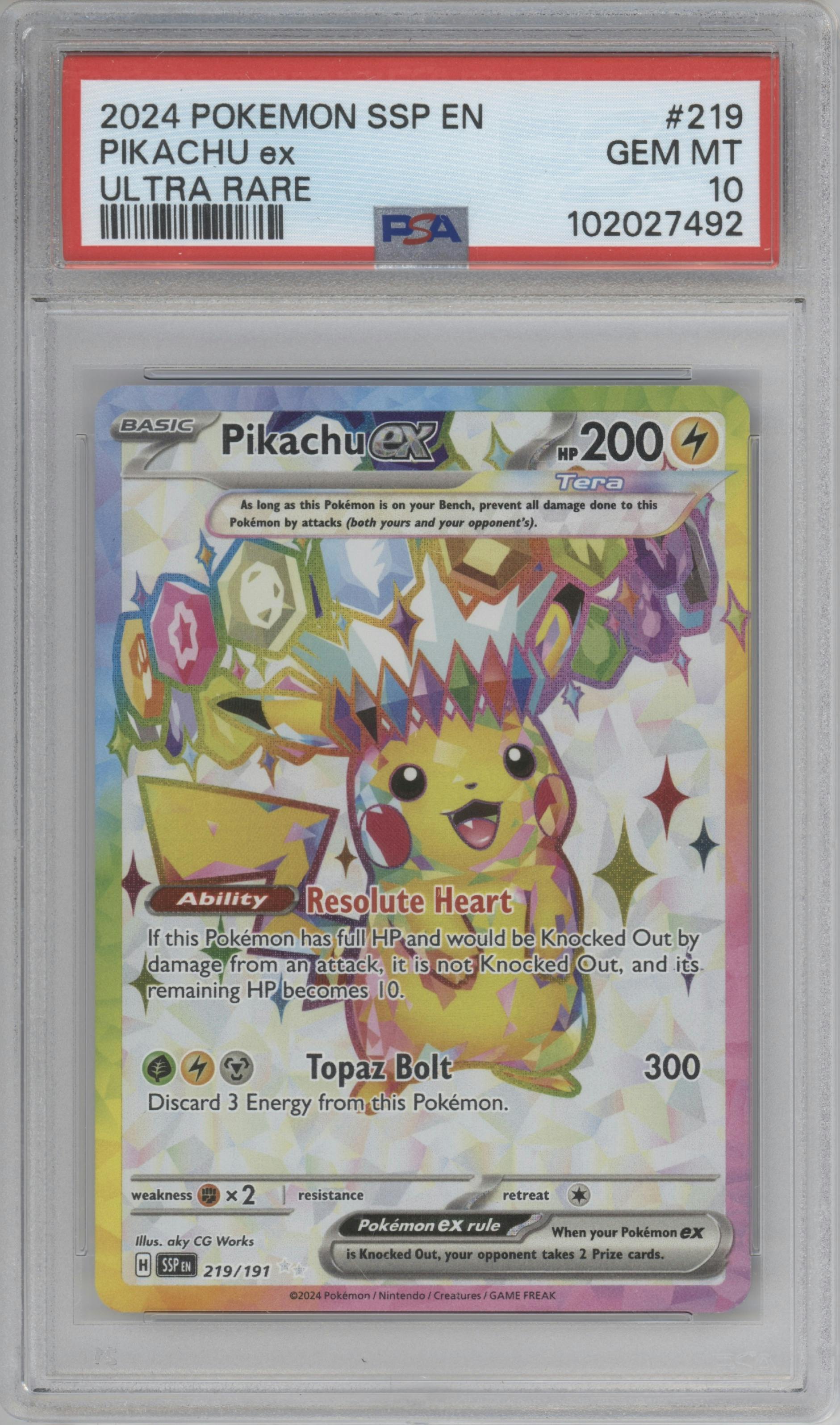 Pikachu ex from the 2024 Pokemon SV set graded by PSA and given an overall grade of 10.