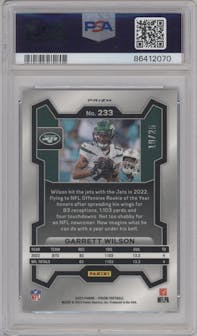 Garrett Wilson from the 2023 Panini Prizm set featuring a Blue Shimmer parallel graded by PSA and given an overall grade of 10.