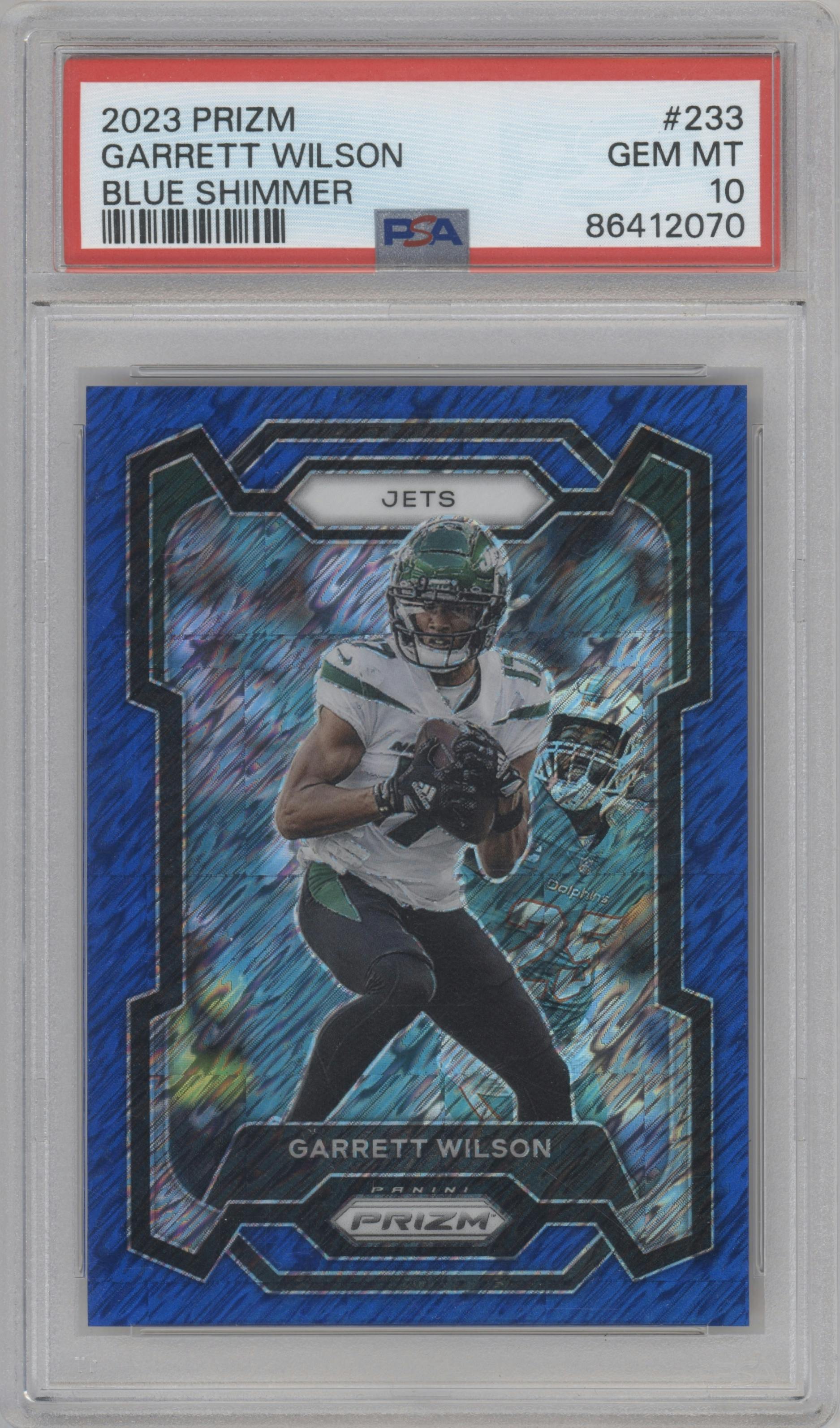 Garrett Wilson from the 2023 Panini Prizm set featuring a Blue Shimmer parallel graded by PSA and given an overall grade of 10.