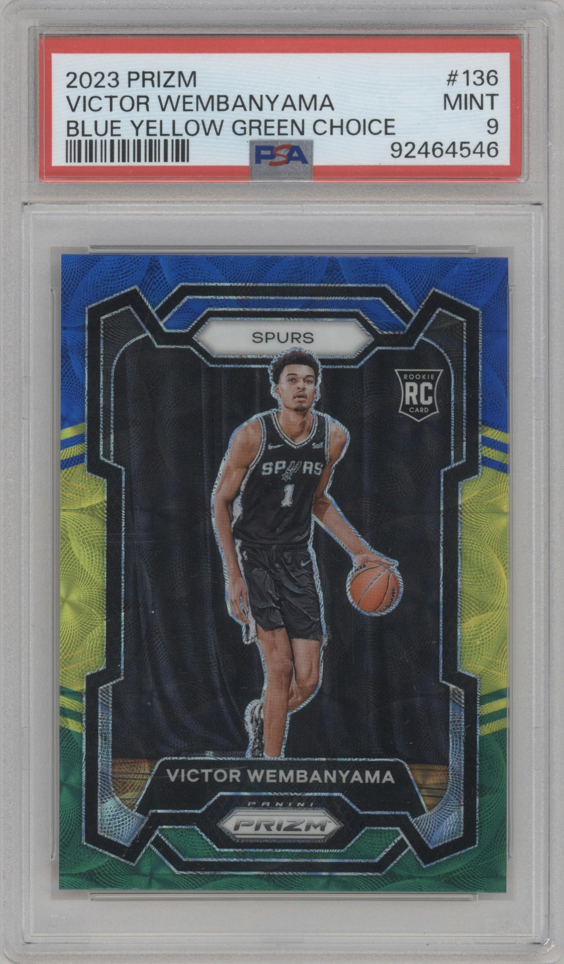 Victor Wembanyama from the 2023-24 Panini Prizm set featuring a Choice Blue/Yellow/Green parallel graded by PSA and given an overall grade of 9.
