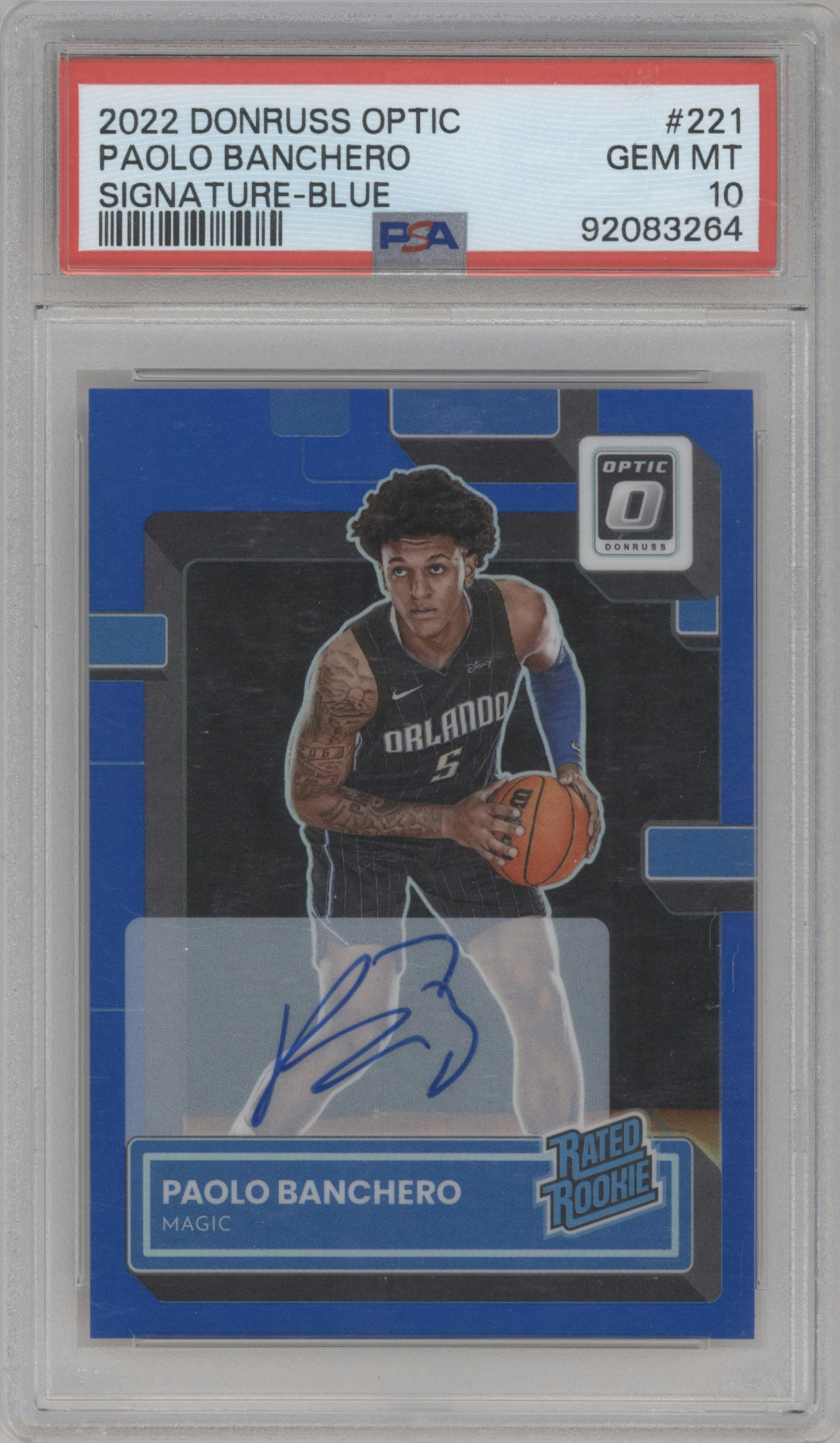 Paolo Banchero from the 2022-23 Panini Donruss Optic  set featuring a Blue parallel graded by PSA and given an overall grade of 10.