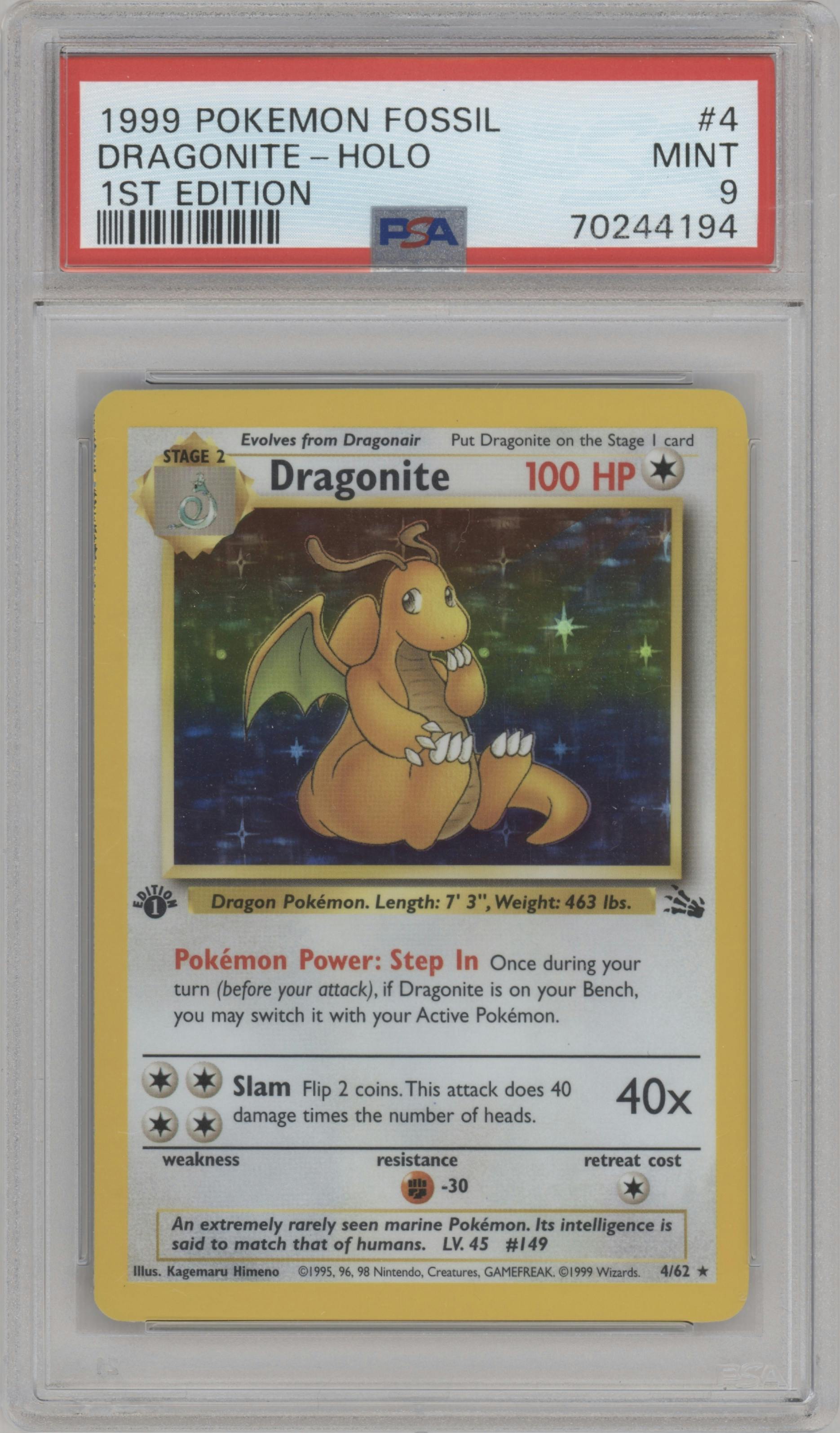 Dragonite from the 1999 Pokemon set graded by PSA and given an overall grade of 9.