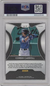 Corbin Carroll from the 2019 Panini Prizm Draft Picks set featuring a Green Prizm parallel graded by PSA and given an overall grade of 9.