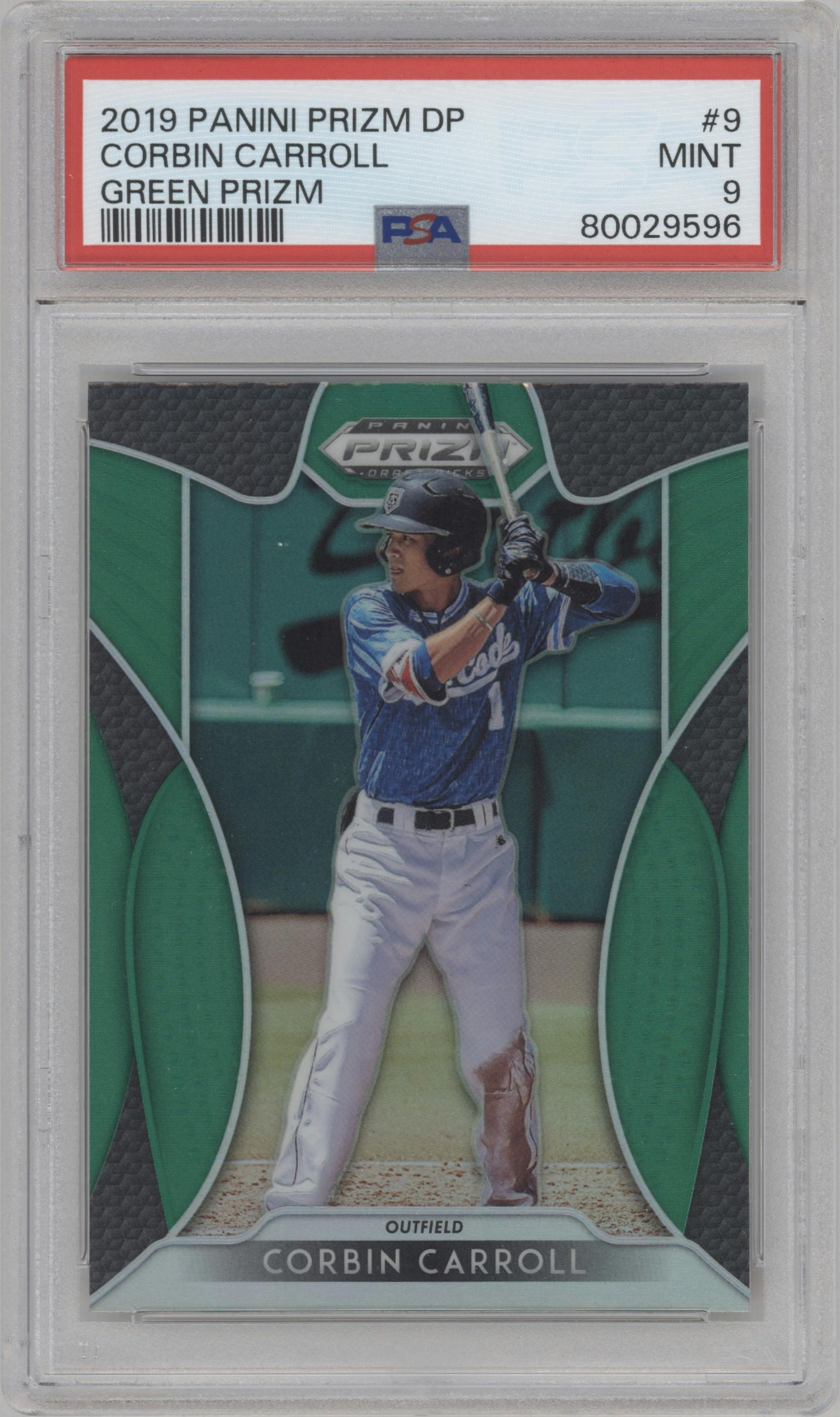 Corbin Carroll from the 2019 Panini Prizm Draft Picks set featuring a Green Prizm parallel graded by PSA and given an overall grade of 9.