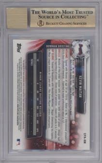 Kevin Maitan from the 2017 Bowman set featuring a 70th Bowman Blue Refractor parallel graded by Beckett and given an overall grade of 10.