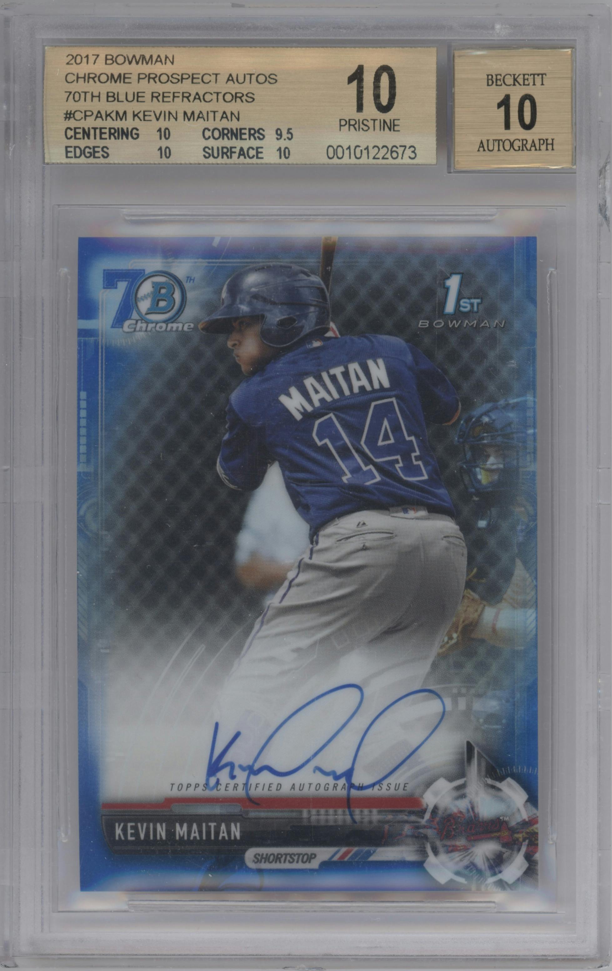 Kevin Maitan from the 2017 Bowman set featuring a 70th Bowman Blue Refractor parallel graded by Beckett and given an overall grade of 10.