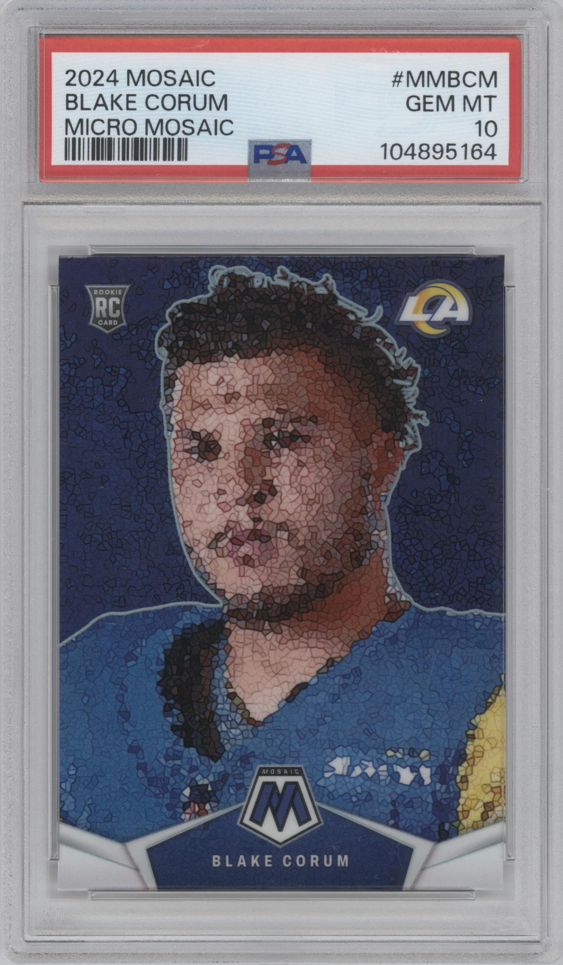 Blake Corum from the 2024 Panini Mosaic set graded by PSA and given an overall grade of 10.