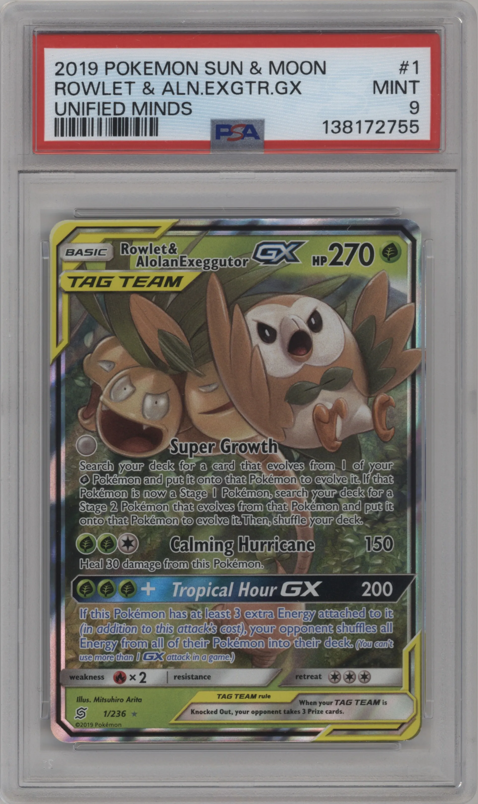 2019 Pokemon S&M Unified Minds Rowlet/Alolan Exeggutor GX #1 PSA 9