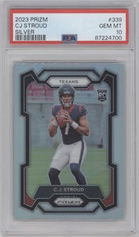 C.J. Stroud from the 2023 Panini Prizm set featuring a Silver Prizm parallel graded by PSA and given an overall grade of 10.
