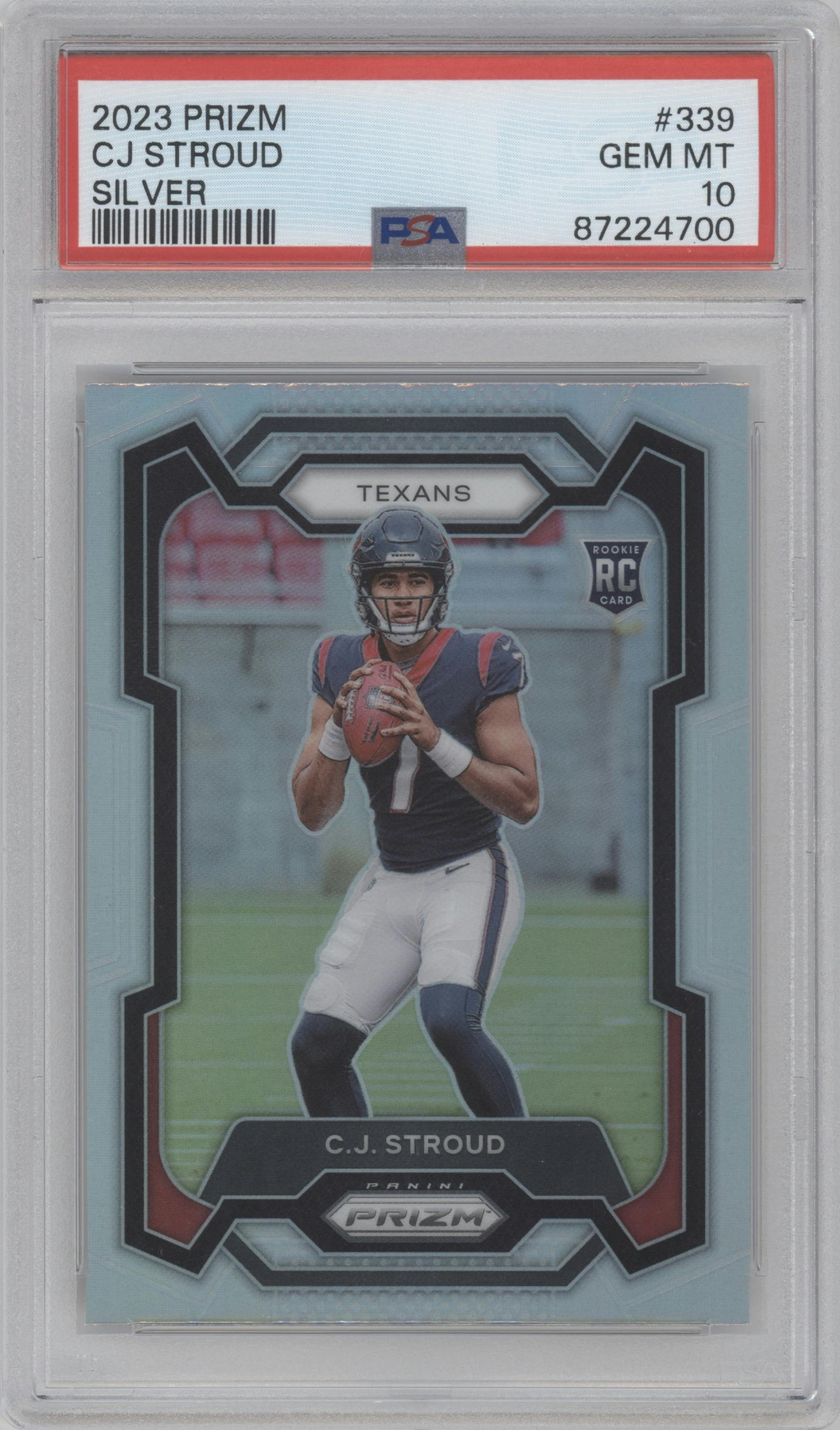 C.J. Stroud from the 2023 Panini Prizm set featuring a Silver Prizm parallel graded by PSA and given an overall grade of 10.