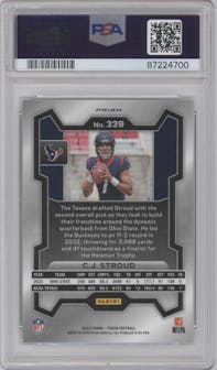 C.J. Stroud from the 2023 Panini Prizm set featuring a Silver Prizm parallel graded by PSA and given an overall grade of 10.
