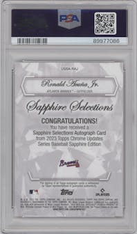 Ronald Acuna Jr. from the 2023 Topps Chrome Update Series Sapphire Edition set featuring a Red parallel graded by PSA and given an overall grade of 10.