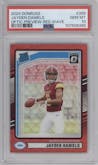 Jayden Daniels from the 2024 Donruss set featuring a Red Wave parallel graded by PSA and given an overall grade of 10.