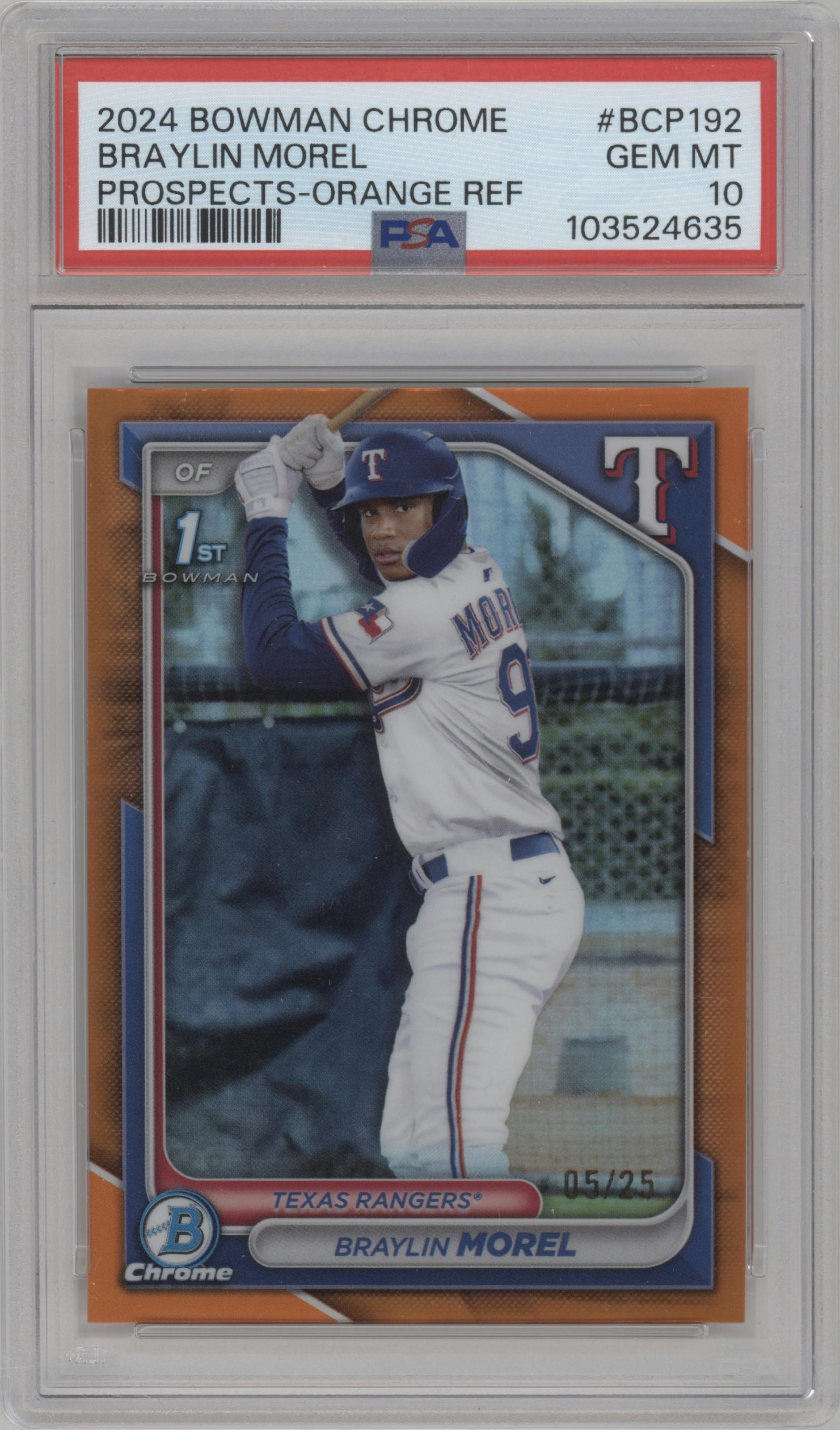 Braylin Morel from the 2024 Bowman Chrome set featuring a Orange Refractor parallel graded by PSA and given an overall grade of 10.