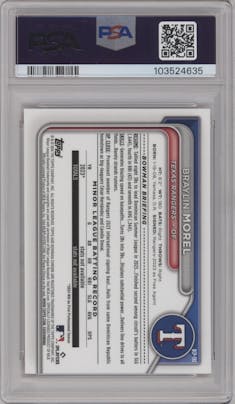 Braylin Morel from the 2024 Bowman Chrome set featuring a Orange Refractor parallel graded by PSA and given an overall grade of 10.