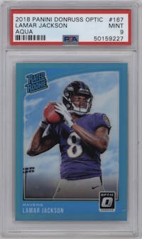 Lamar Jackson from the 2018 Panini Donruss Optic set featuring a Aqua parallel graded by PSA and given an overall grade of 9.