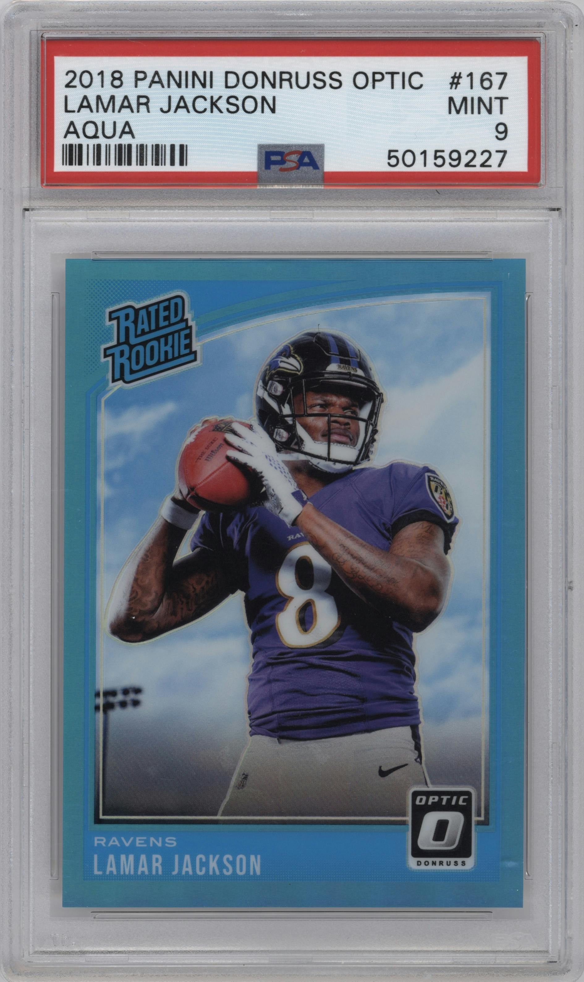 Lamar Jackson from the 2018 Panini Donruss Optic set featuring a Aqua parallel graded by PSA and given an overall grade of 9.