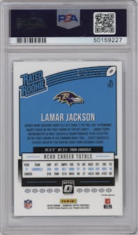 Lamar Jackson from the 2018 Panini Donruss Optic set featuring a Aqua parallel graded by PSA and given an overall grade of 9.