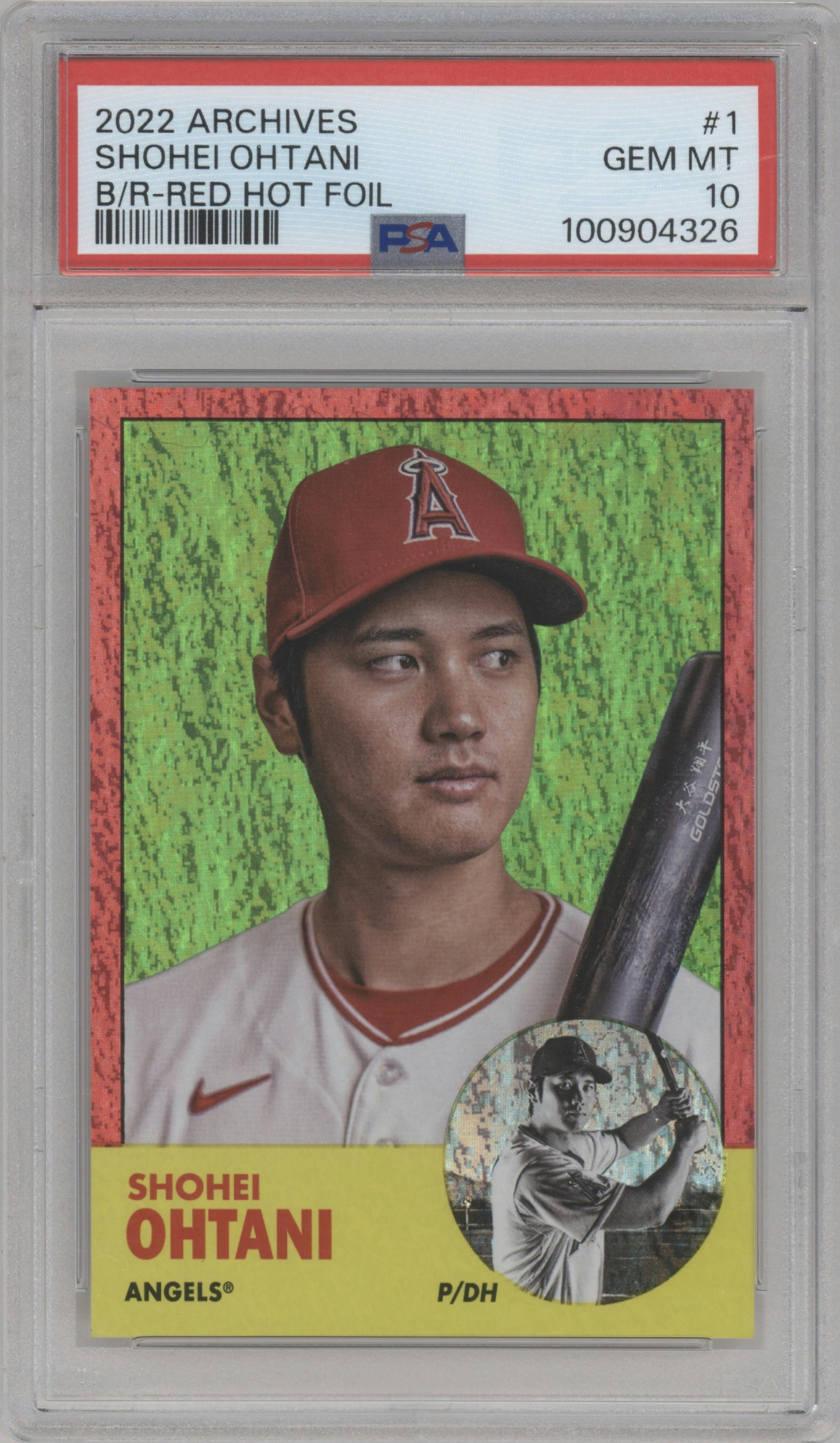 Shohei Ohtani from the 2022 Topps Archives set featuring a Red Hot Foil parallel graded by PSA and given an overall grade of 10.