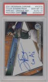 Tyler Soderstrom from the 2021 Bowman Chrome set featuring a Orange parallel graded by PSA and given an overall grade of 10.