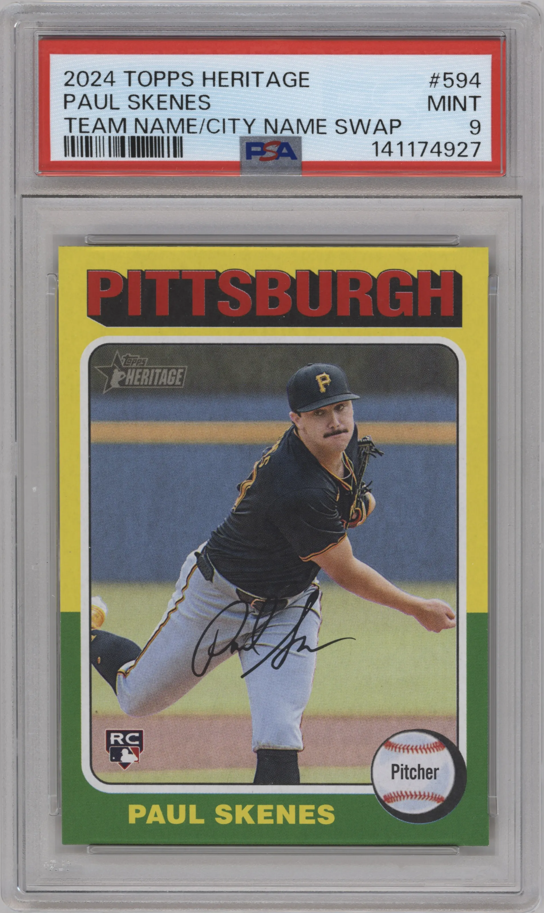 2024 Topps Heritage Team Name/City Name Swap Var. Paul Skenes PSA 9
